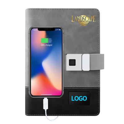 China Lightweight Color Fingerprint Lock Diary Seven Leaf Smart Mixed Leather A5 Colors Led Powerbank Notebook for sale