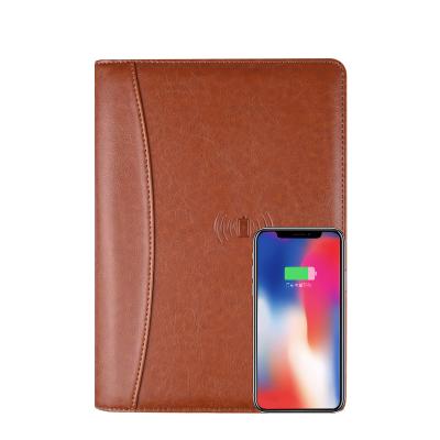 China Custom Universal A4 File Folder Wireless Padfolio Zipper Color Logo Padfolio Leather Design With Powerbank for sale