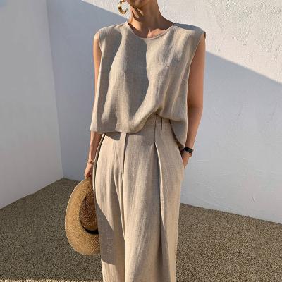 China 2022 New Summer Style Fashion Korean Round Casual Sleeveless High Waist Vest High Waist Wide Leg Pants Women's Sets for sale