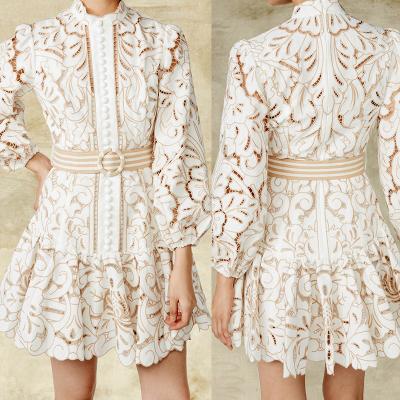 China Anti-wrinkle bishop sleeve open lace pleated crochet skirt a line swap high collar decor wholesale summer dresses 2022 for sale