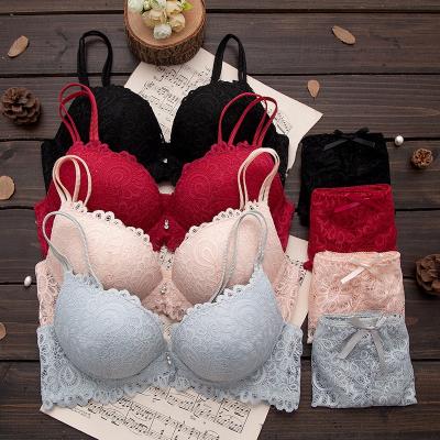 China Women's Breathable Adjustable Top Embroidery Deep V Lingerie And Shorts Lift Up Lace Bra And Panty Set for sale