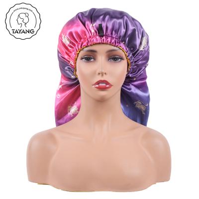 China Headwear Selling Designer Good Quality Label Best-Selling Headwear //Sleeping Hood Soft Rope Long Satin Print Zodiac Sleep Hat for sale