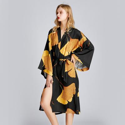 China Factory Price Women Breathable Spring Summer Long Plus Size Bathrobes Silky Satin Printed Floral Sleepwear Lady Black Kimono Robe for sale