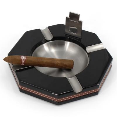 China CLASSIC Factory Portable Small Black Stainless Steel And Wood 4ct Cigar Ashtray With Custom Logo for sale