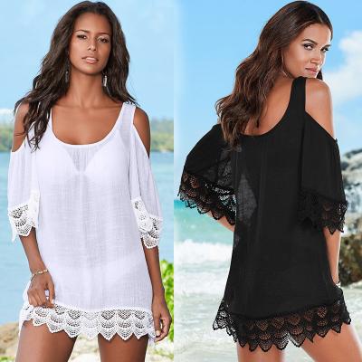 China Breathable Sexy White Black Green Lace Shorts Dress Off The Shoulder Beach Dress Swimwear Cover Up for sale