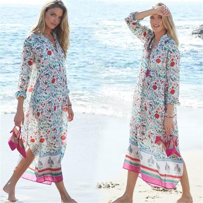 China Beautiful Bohemian Floral Chiffon Plus Size Long Sleeve Kaftan Beach Dress Summer Vacation Dress for sale