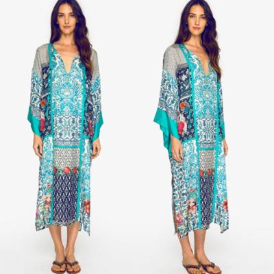 China Beautiful Blue Paisley Floral Pattern Plus Size Long Chiffon Kaftan Beach Dress Bikini Cover Up for sale