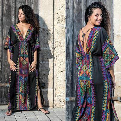 China Plus Size Women Summer Elegant Maxi Kaftan Dress Casual Backless Plunge Neck Beach Dress for sale