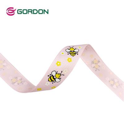 China Floral Bee Design 16mm Grosgrain Ribbon With Screen Ink Printed Logo For Honey Gift Boxes Packaging for sale