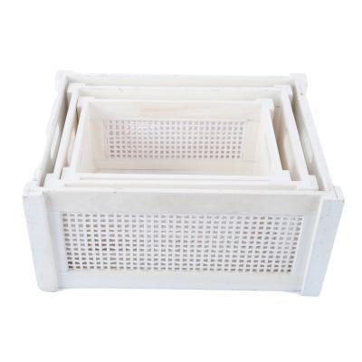 China Hot Sale Stocked Custom Rectangular White Mesh Wood Storage Box With Side Cut Out Handle Set for sale