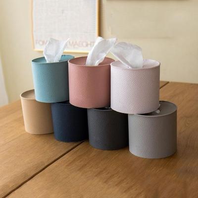 China Minimalist Tissue Box Napkin Toilet Paper Box PU Leather Holder Dustproof Cylindrical Decorative Napkin Facial Paper Roll Dispenser for sale