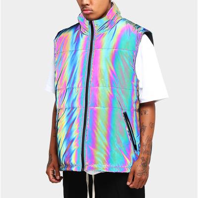 China Men's Waterproof Iridescent Rainbow Mock Neck Full Zip Front Zip Striper Vest Reflective Sleeveless Jacket for sale