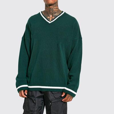 China Men's Anti-Shrink Oversized Contrast Color Ribbed V-Neck Boy Knit Sweater Traction-On Big Size Wool Loose Sweater for sale