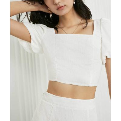 China Breathable blusa 2021 pleated elastic white women blouses casual high waist tops for sale