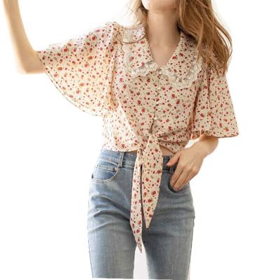 China Breathable Sleeve Shirt Ladies Lotus Leaf Square Collar Printed Elegant Chiffon Tops Blouse for sale