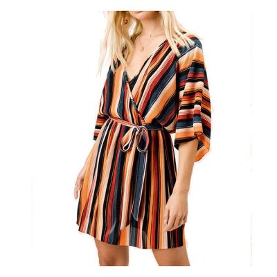 China Breathable V Neck Long Vestido Dresses Rainbow Striped Mini Casual Bohemian Outfits for sale