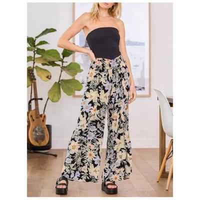 China Breathable Pantalones Hose Chiffon Printed Front Flare Wide Leg Long Pants Women for sale