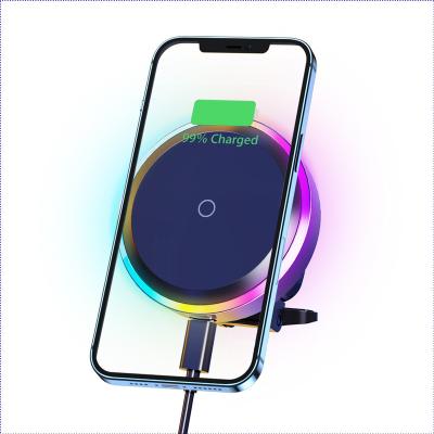 China 2022 Newest Model Mobile Phone Magnetic 15W Car Wireless Charger With Colorful Lighting Car Mount Build In Fan For iPhone 14/13/12 Series for sale