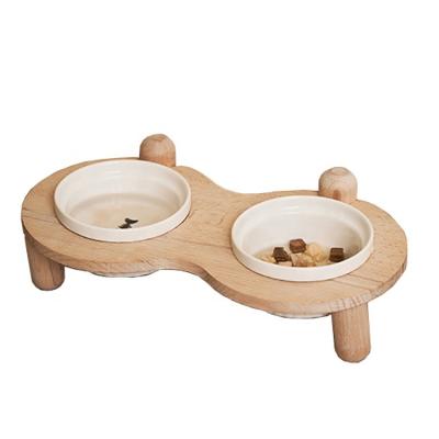 China Sustainable Wooden Double Cat Feeder Kitten Rack Kitten Ceramic OKCAT Pet Bowls For Cats for sale