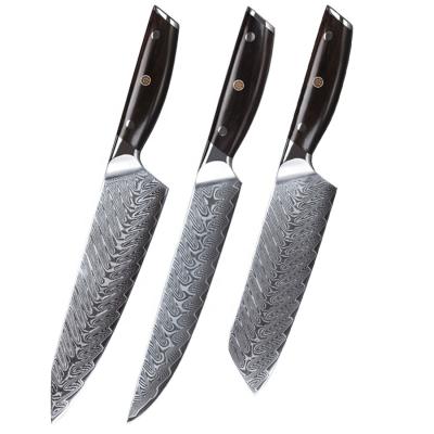 China 67 Layers Durable Damascus Santoku Steel Chef Knife Knives With Wooden Handle 3PCS Kitchen Knives Set for sale