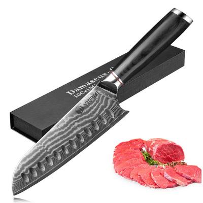 China Durable Professional VG10 67 Layers Damascus Steel 7 Inch Santoku Knife Kitchen Cutting Knives With Pakka Wood Handle for sale