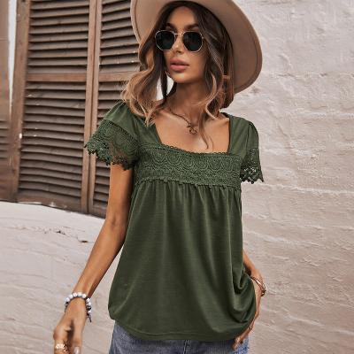 China 2022 Summer Short Sleeve Lace Tops Hot Selling Women's Square Neck Anti-Wrinkle Tops for sale