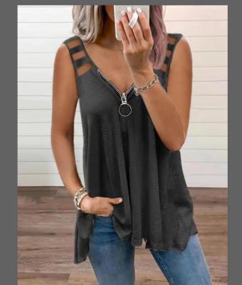 China 2022 New Amazon Anti-Wrinkle Tank Explosion Sexy V-Neck Zipper Solid Color T-shirt Tops Sleeveless T-shirt for sale