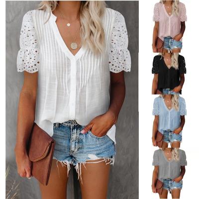 China 2022 Amazon Product Breathable Hot V-Neck Lace Stitching Tops Pleated Short Sleeve Chiffon Shirt Tops for sale