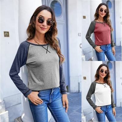 China Amazon 2022 Autumn And Winter New Breathable Colorblock Cross Loose T-shirt Long Sleeve Split T-shirt for sale