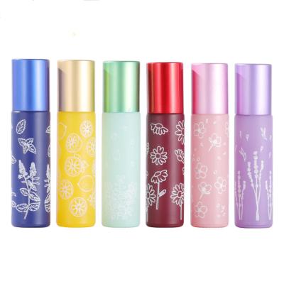 China 8 Colors Recyclable Glass Vial In 10ml Roll Roll On Glass Bottle Macaron With Flower Printing For 5ml Essential Oil for sale