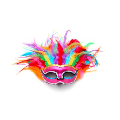 China Environmental Friendly Gorgeous Rainbow Fluffy FeatherMask For Halloween for sale