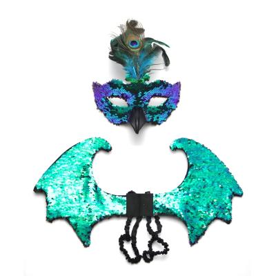 China Other Flip Sequin Peacock Feather Mask Wings Set for Party Catwalk Glitter Sequin Mask and Wings Shiny Sequin Mask and Wings Set for sale