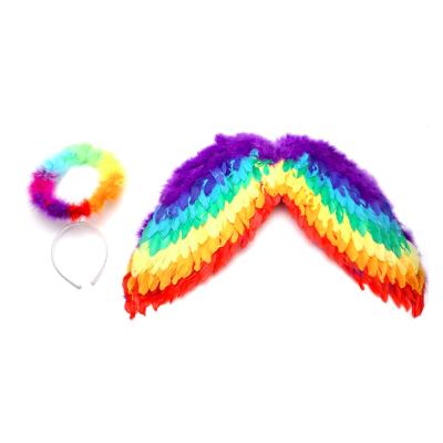 China Feather Rainbow Feather Angel Wings with Colorful Rainbow Marabou Halo Feather Wings and Halo Headwear Custom Size and Color Dyed Color for sale