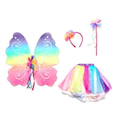 China Girls Nylon Fabric and Plastic Rainbow Silk Wings Set with High Quality Nylon Fabric Wand Tutu Skirt Headwear Stretch Dress Fairy Costume Cozy Party for sale