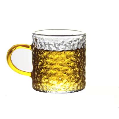 China Sustainable Lead Free High Borosilicate 100ml Hammer Glas Mugs For Tea With Colorful Handle for sale