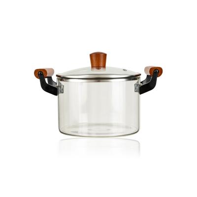 China Sustainable High Borosilicate Wooden Handle Household Heated Glass Soup Pot for sale