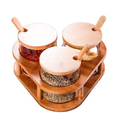 China Sustainable Glass Seasoning Jar Set With Bamboo Spoon Bamboo Cover Kitchen Supplies Seasoning Box for sale