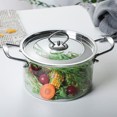 China High Borosilicate Glass Heat Resistant Double Ear Wok Stocked Soup Pot Cooking Pot for sale