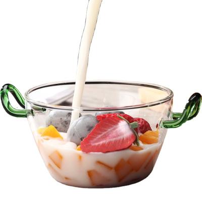 China Sustainable Household 400ml High Borosilicate Glass Fruit Dish Double Handle Salad Bowl for sale