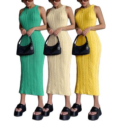 China Summer Breathable Sleeveless Fashion Knit Bodycon Party Clubwear Slim Solid Dress Women Clothing Dresses for sale