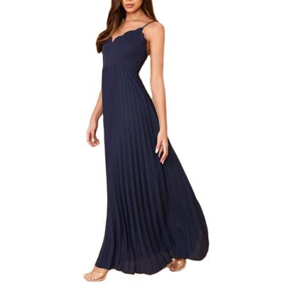 China Anti-Wrinkle Fashion Spaghetti Strap Sleeveless V-neck Pleated Women Dress High Split Simple Chiffon Maxi Dress Women for sale