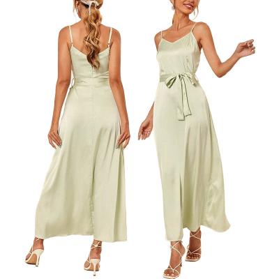 China New Modest Solid Lime Green Tie Belt Evening Party Dresses Breathable Custom Made Long Satin Cami Dress for sale