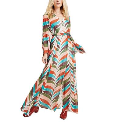 China Summer Fashion Anti-Wrinkle Long Women Elegant Casual Geometric Wrap Maxi Dress Women Custom Print Clothing for sale