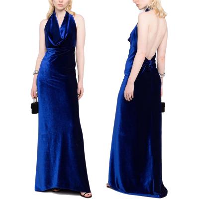 China Breathable Vintage Halter Backless Prom Velvet Dress Floor Length Dresses For Women Party Dresses for sale