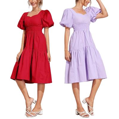 China New Arrival Breathable Sweetheart Neck Short Puff Sleeve Bubble Waist Red Casual Cute Midi Dress for sale