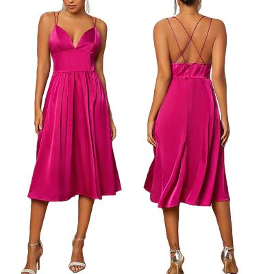 China Breathable Hot Pink Crisscross Satin Backless Cami Ball Gown Summer Women Midi Dress for sale