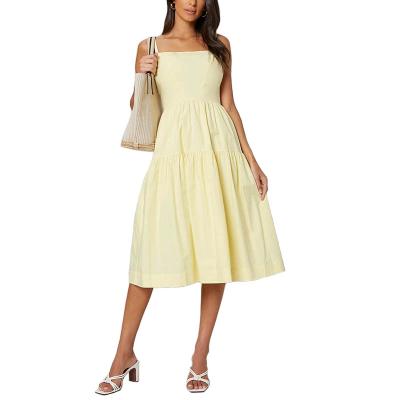 China Summer Ruffle Cotton Solid Color Sleeveless Midi Breathable Chic Cami Dresses for sale