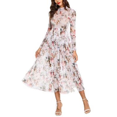 China Anti-Wrinkle Factory Price Women Clothing Ruffle Floral Print Long Sleeve Maxi Dress Women for sale