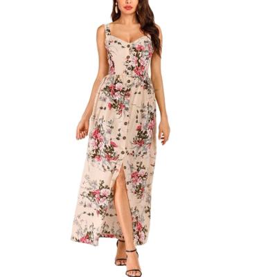 China Custom Anti-wrinkle Casual Floral Print Sleeveless Women Dress Button Slit Thigh Elegant Polyester Maxi Dress Women for sale