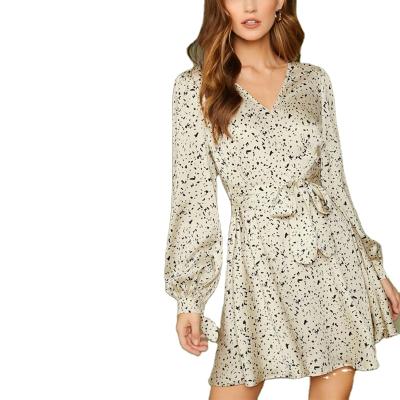 China Women's Clothing Women's Anti-wrinkle Floral Print Mini Dress Long Sleeve V-Neck Custom Women's Dress Tie Waist for sale